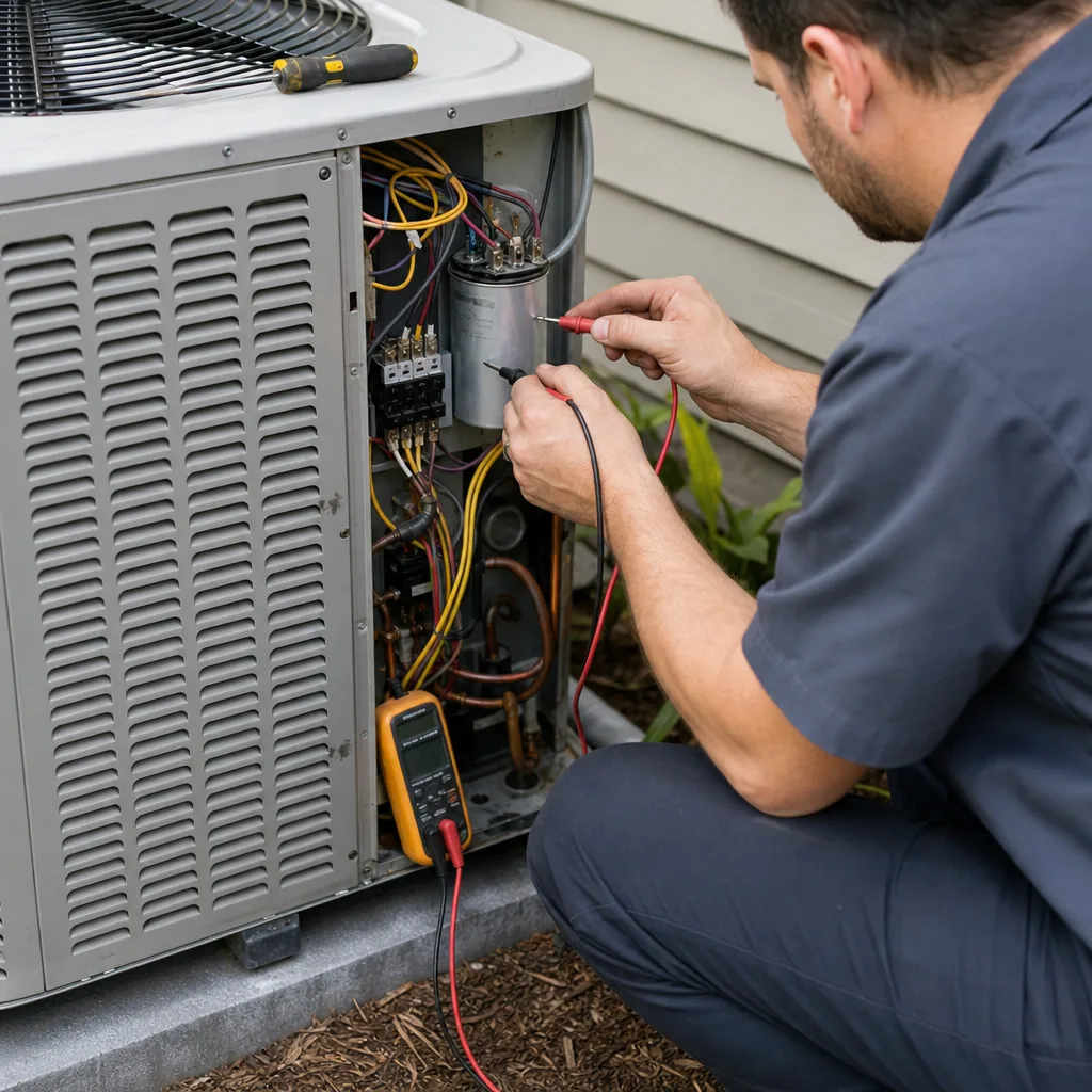 HVAC technician testing an air conditioner capacitor with a multimeter