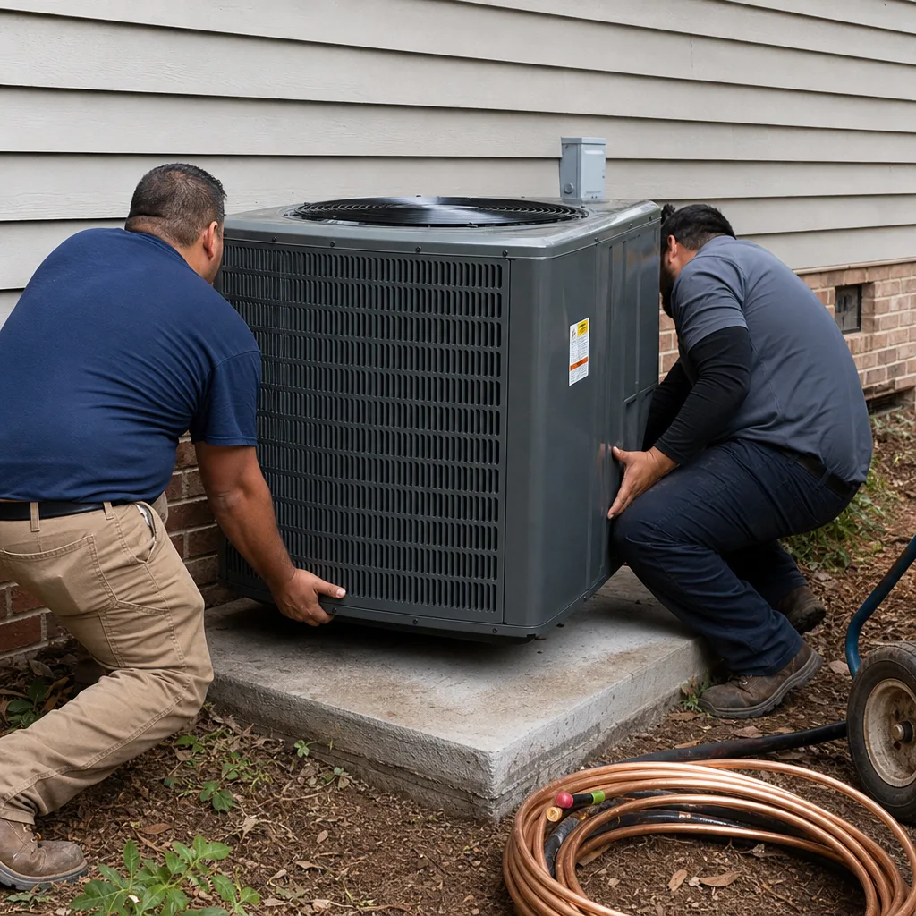 Two professional HVAC technicians installing a residential air conditioning unit