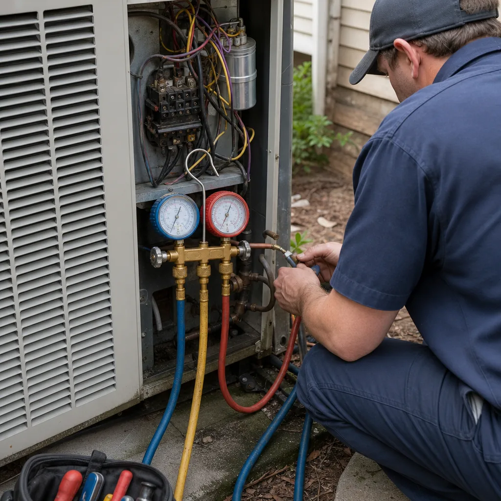 HVAC technician performing professional air conditioning repair and maintenance service