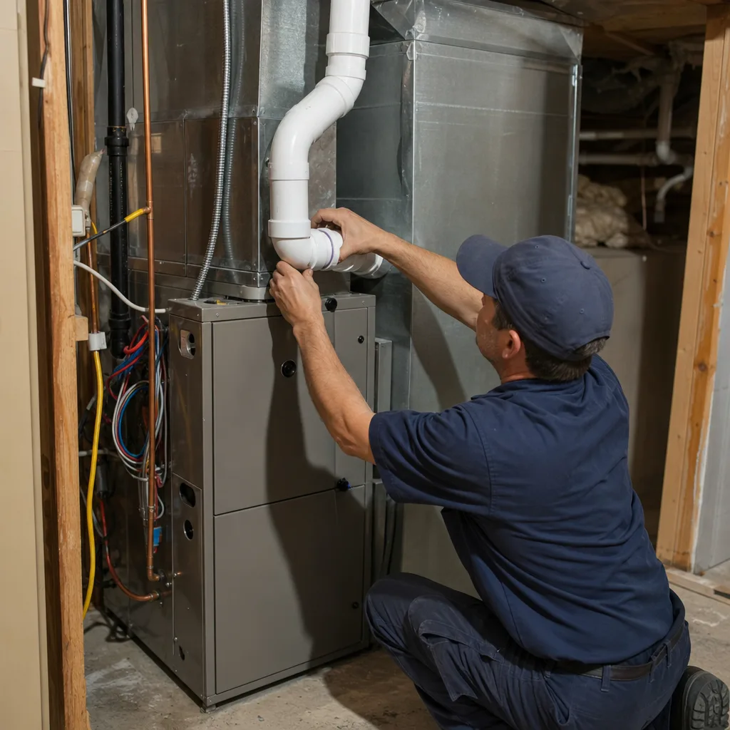 HVAC technician performing furnace repair on a residential heating system