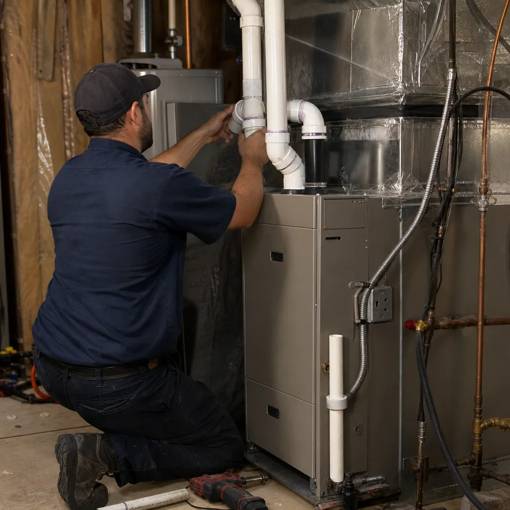 Technician performing professional furnace repair on a residential HVAC unit