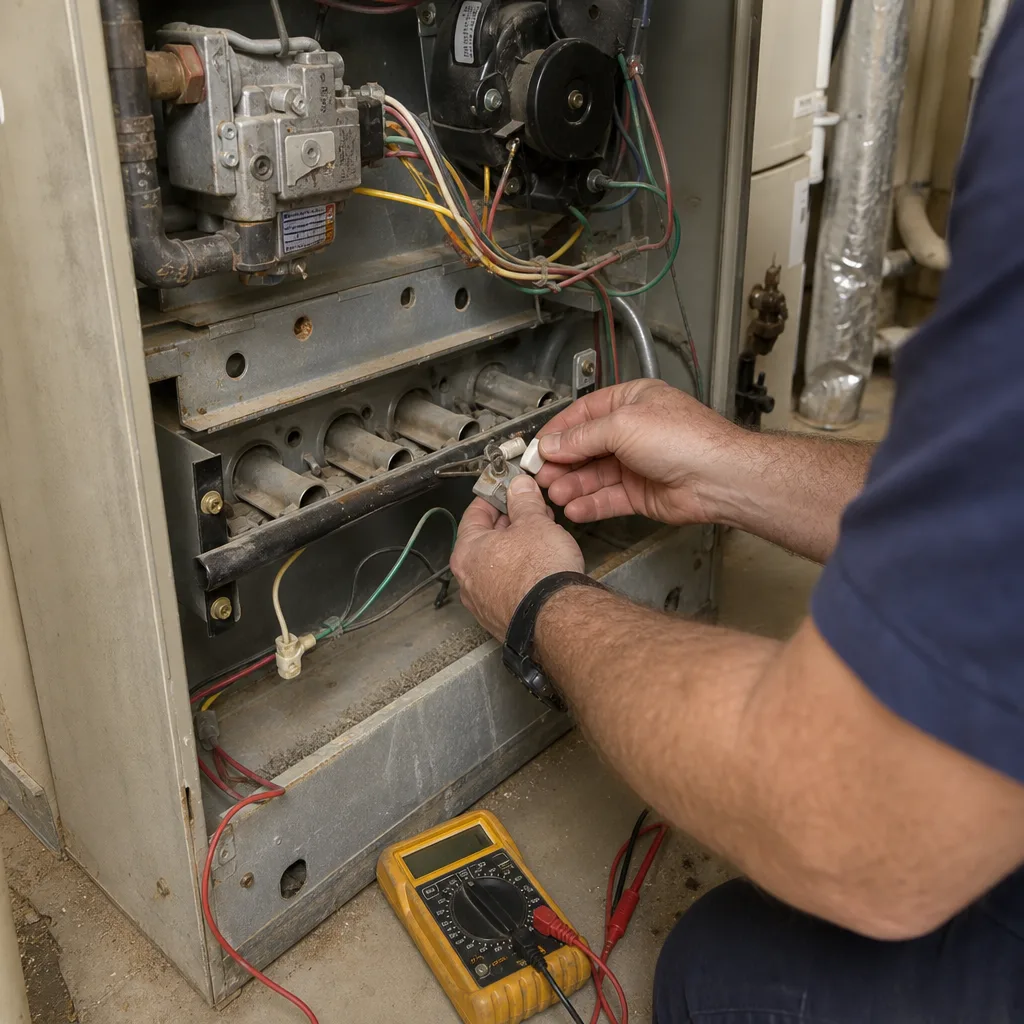 HVAC technician performing a professional furnace repair service