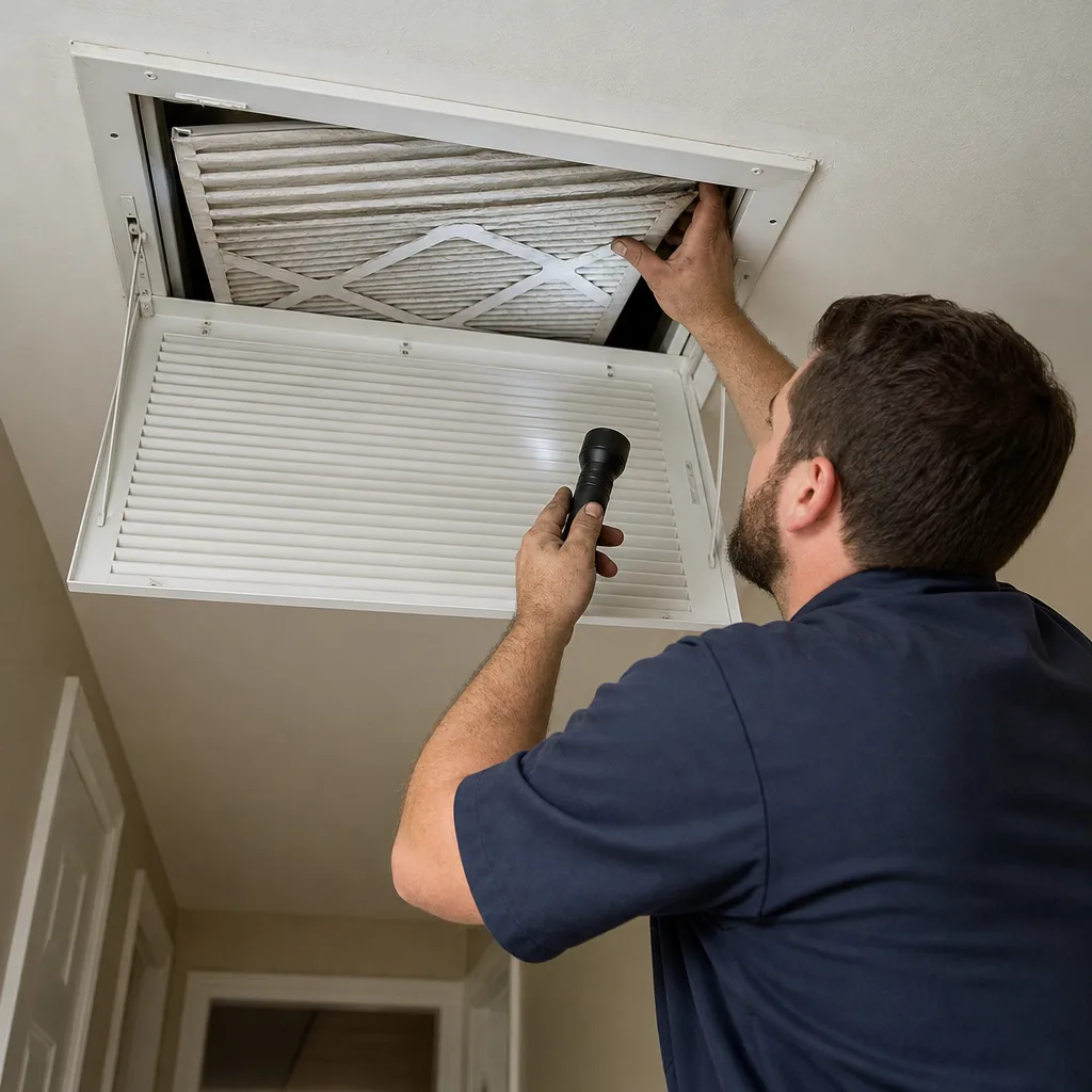 HVAC technician inspecting an air filter in a ceiling vent