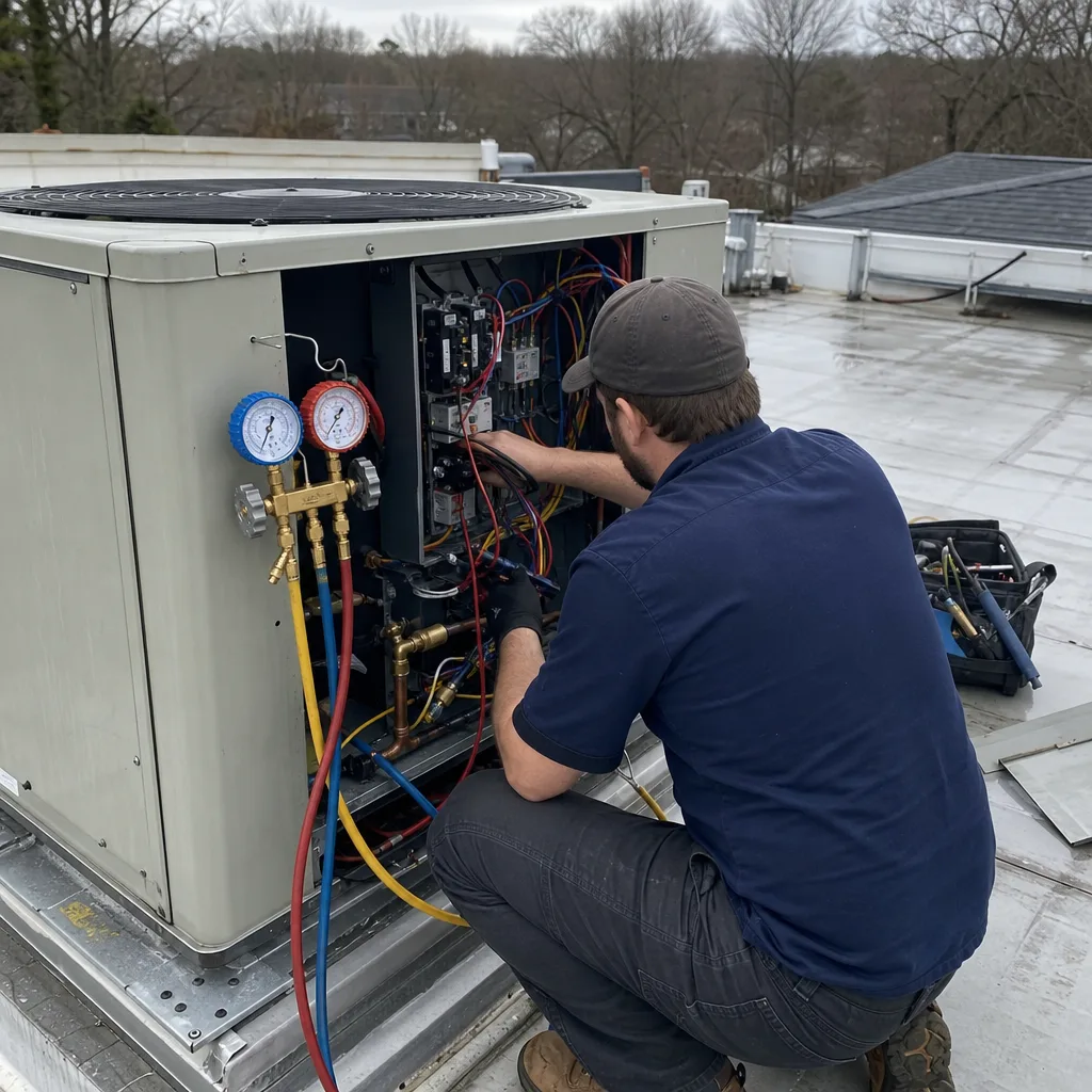 HVAC technician performing professional heat pump installation and system maintenance.