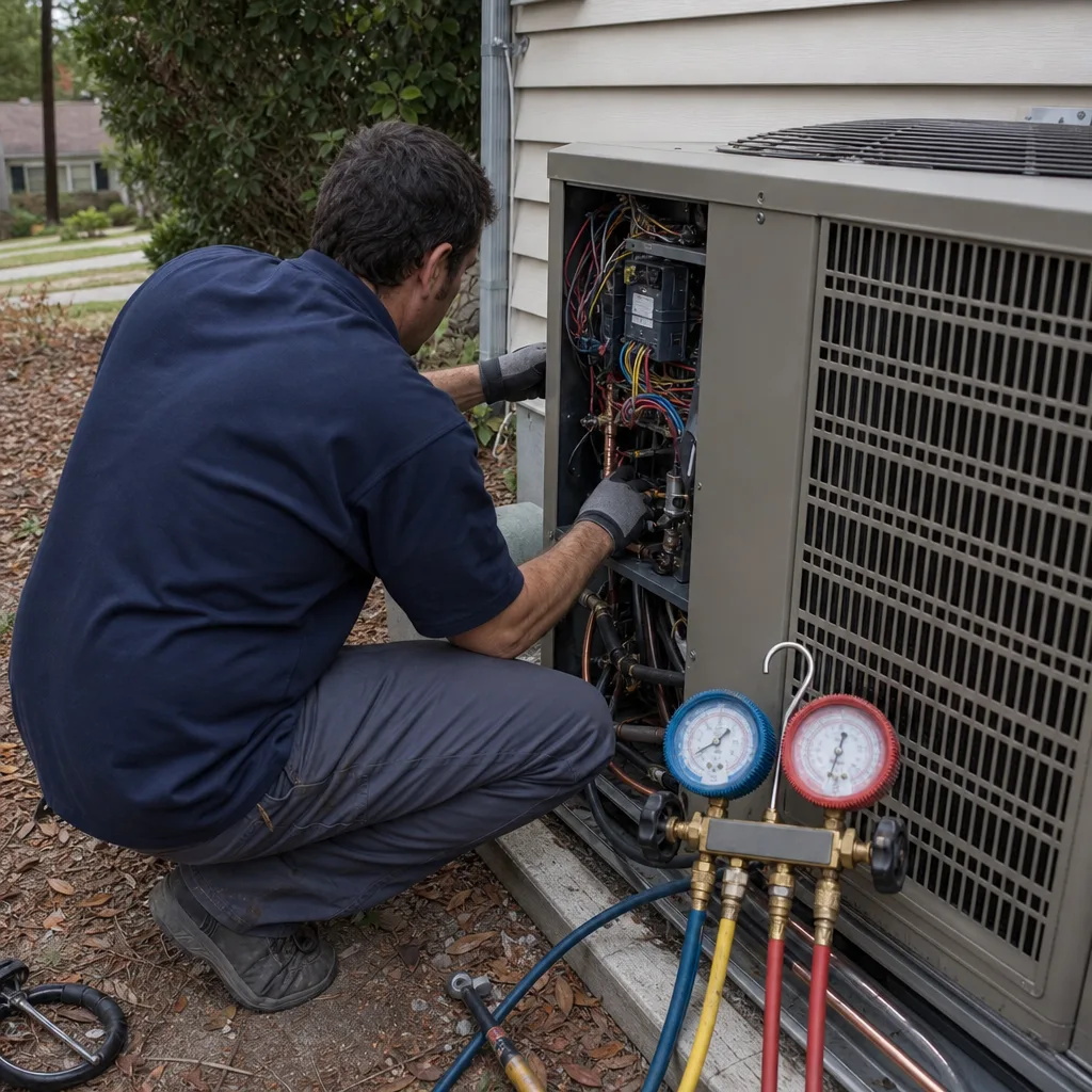 Technician performing a professional heat pump installation on an outdoor unit